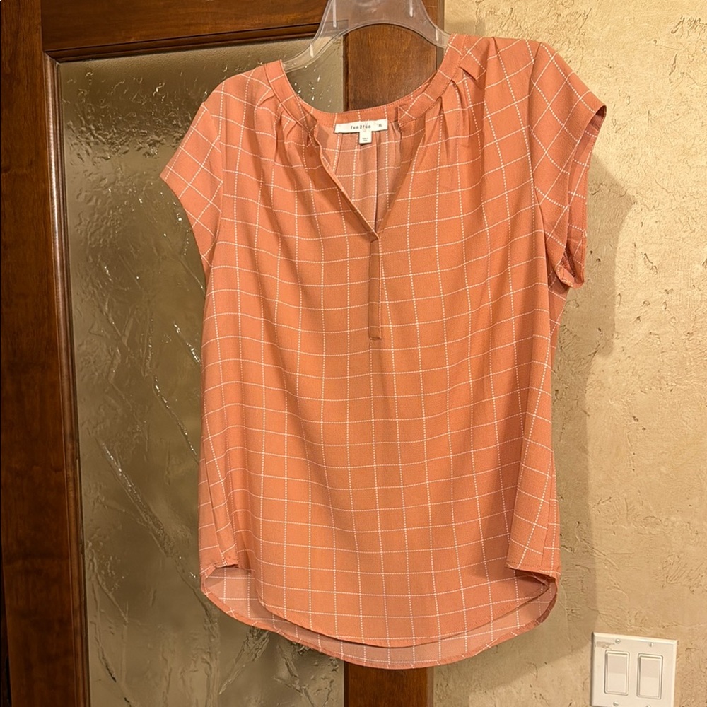 fun 2 fun Coral Pink Windowpane Check Blouse